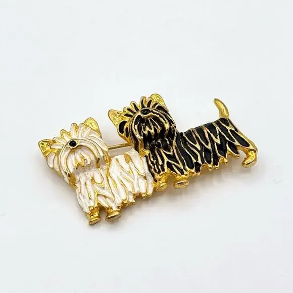 Vintage Gold Tone Yorkshire Terrier Scottie Black White Two Dogs Pin Brooch - Picture 2 of 4